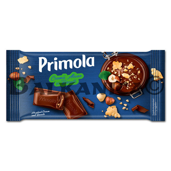 89 G CHOCOLATE WITH HAZELNUT CREAM AND BISCUITS PRIMOLA