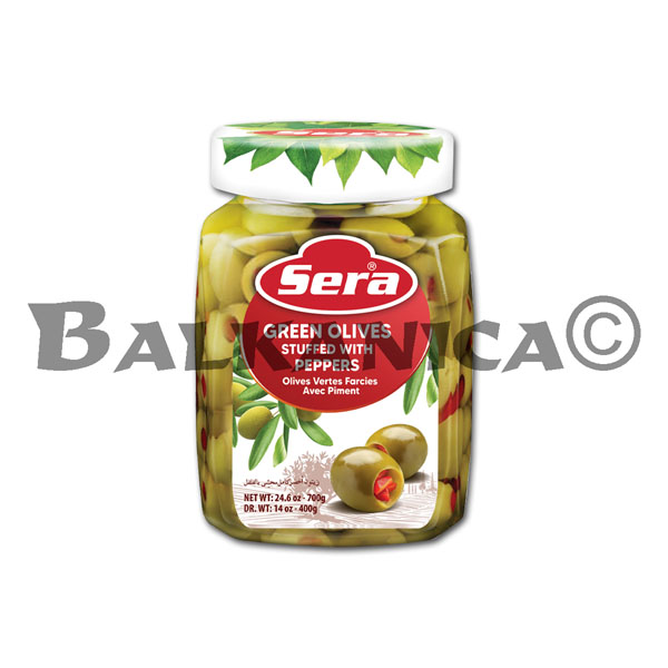 400 G GREEN OLIVES STUFFED WITH PEPPER SERA
