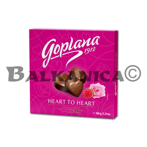 106 G MILK CHOCOLATES WITH RASBERRY AND ROSE HEART TO HEART GOPLANA