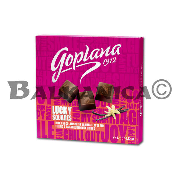 128 G MILK CHOCOLATES VANILLA AND CARAMELISED RICE CRIPS GOPLANA